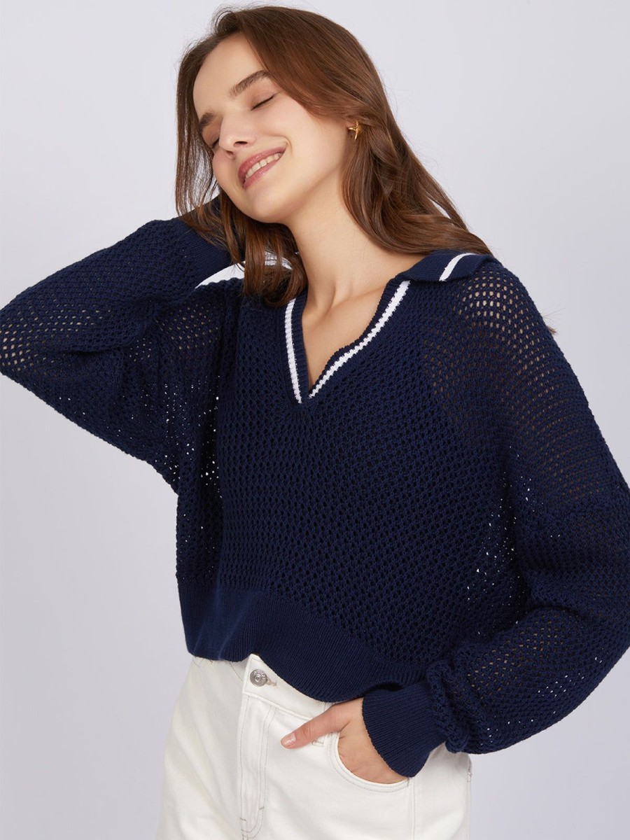 Women 525 America | Cara: Tipping Polo Pullover Dark Blue Multi