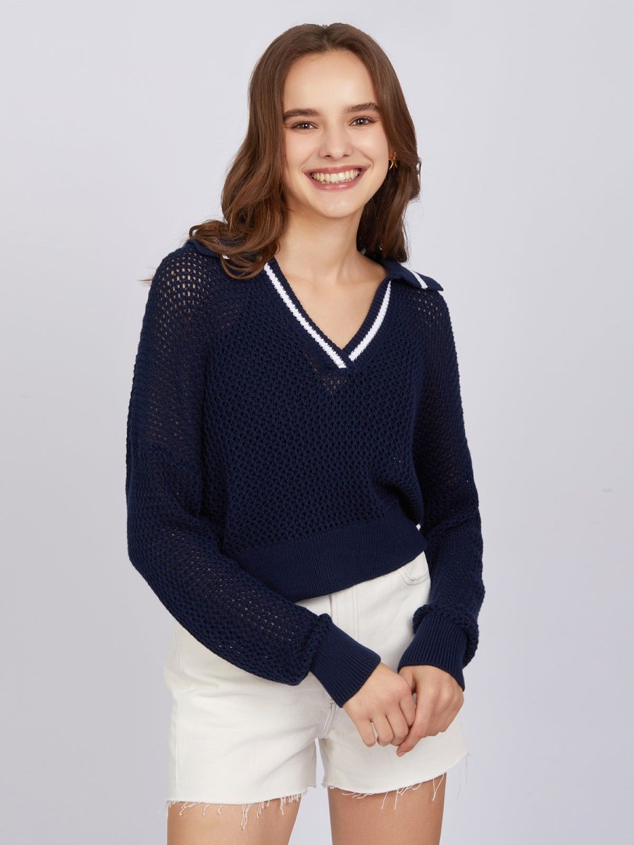 Women 525 America | Cara: Tipping Polo Pullover Dark Blue Multi