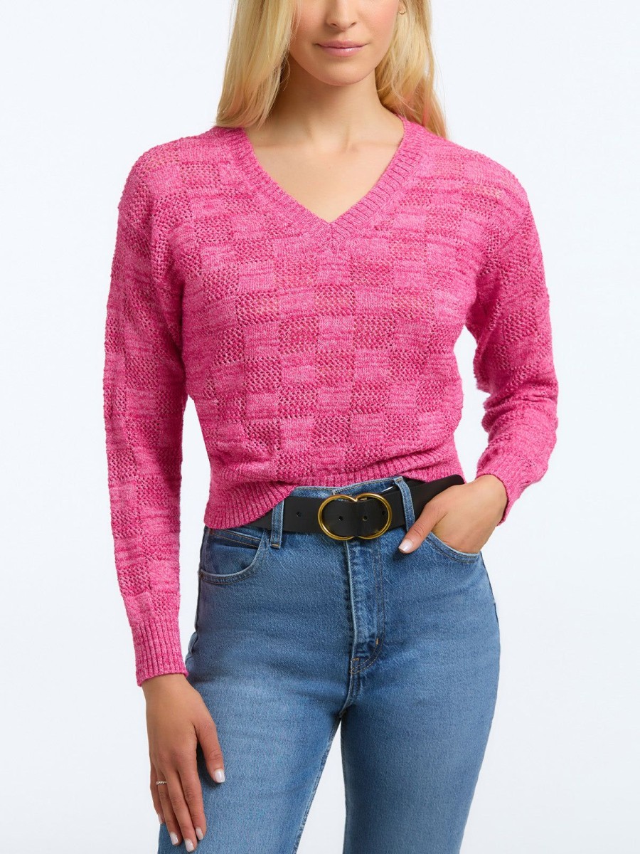 Women 525 America | Clara: Basket Weave Stitch V-Neck Sweater Orchid Multi