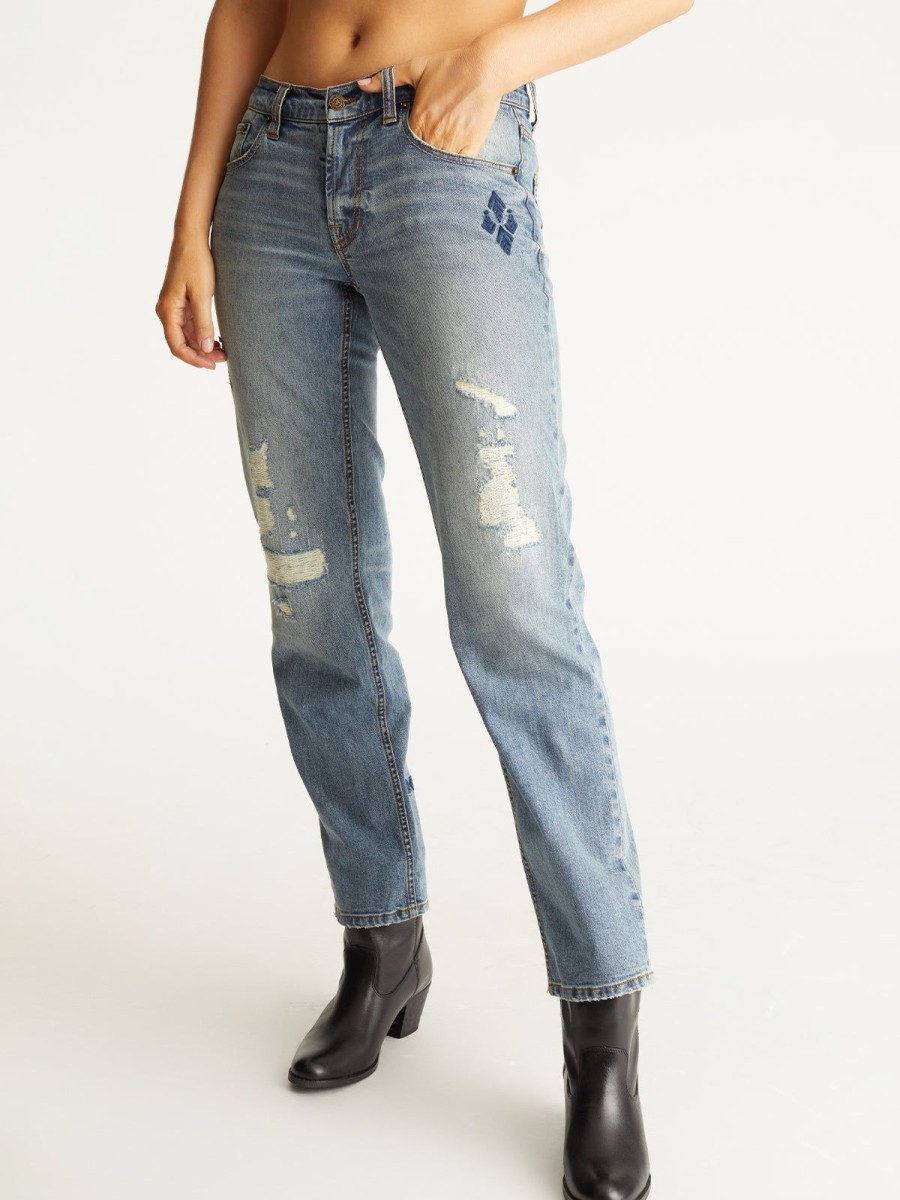 Women 525 America | Destructed Embroidered Straight-Leg Denim Jeans Baylor Wash