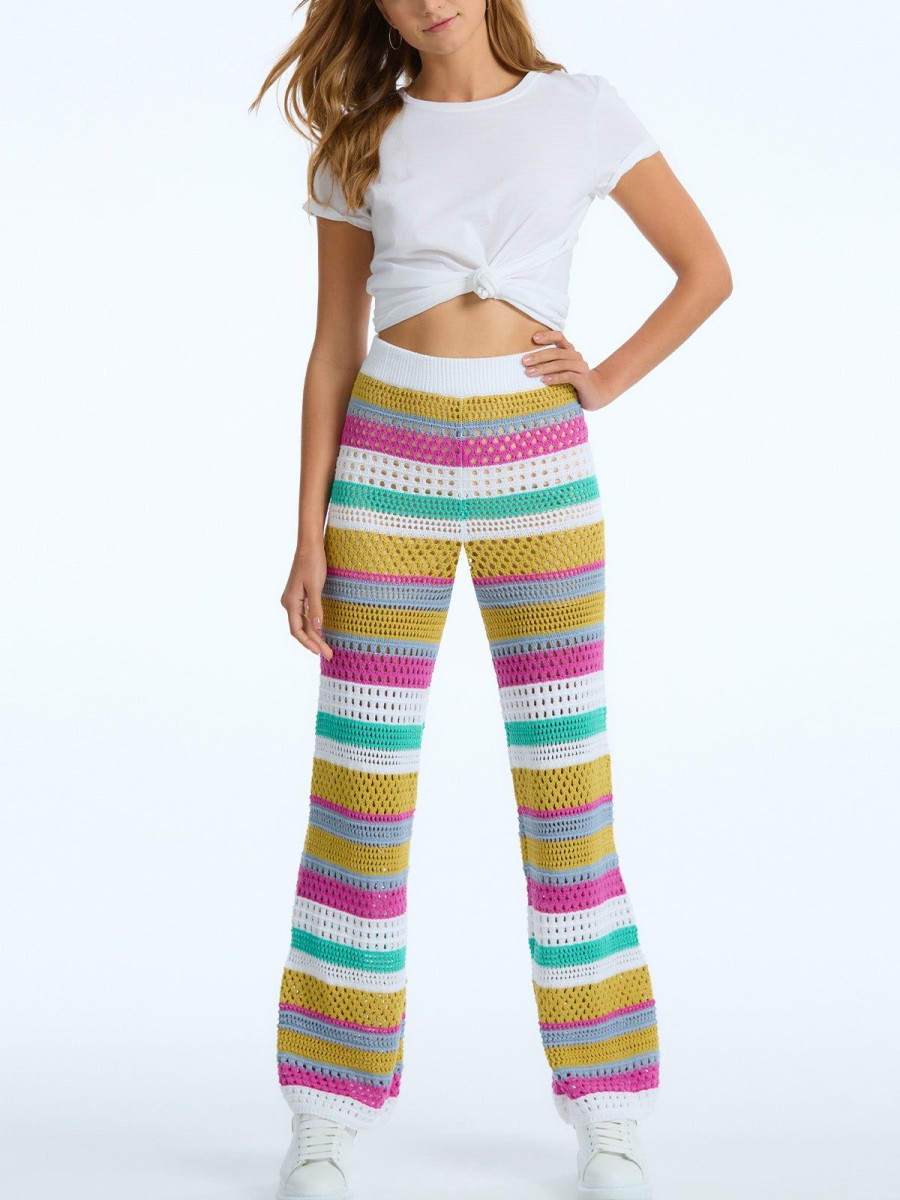 Women 525 America | Rose: Stripe Crochet Wide Leg Pant Cyan Multi