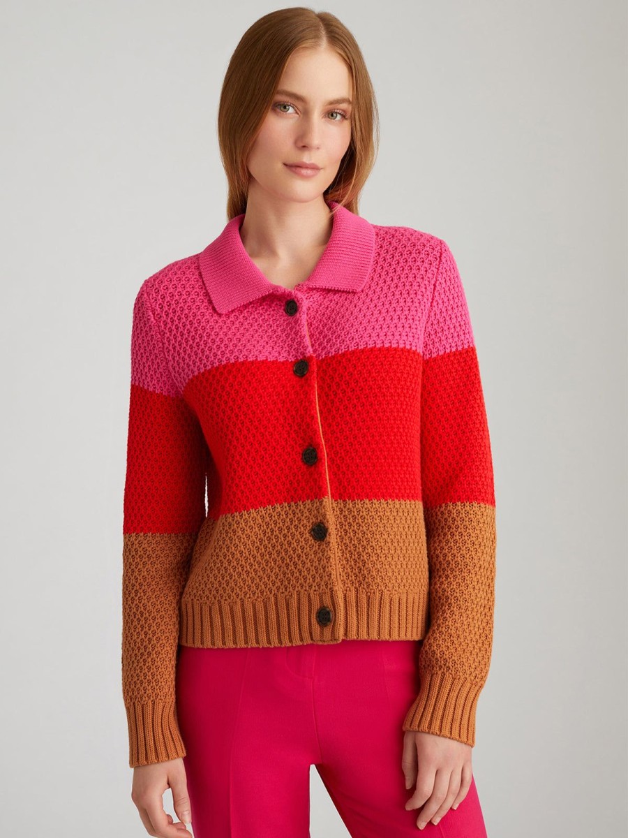 Women 525 America | Joanna: Colorblock Polo Cardigan Toasted Almond Multi