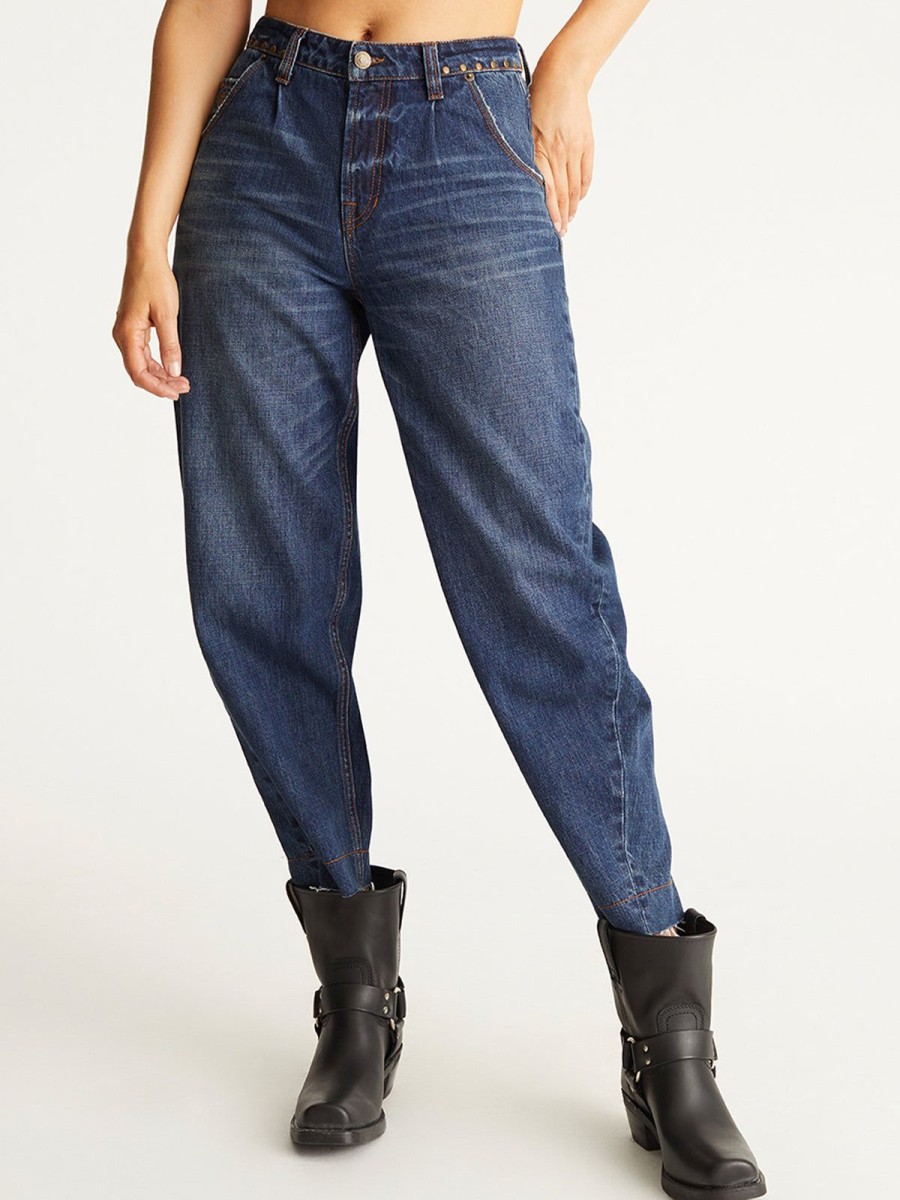 Women 525 America | Studded-Waist Barrel-Leg Cotton Denim Jeans Kora Wash