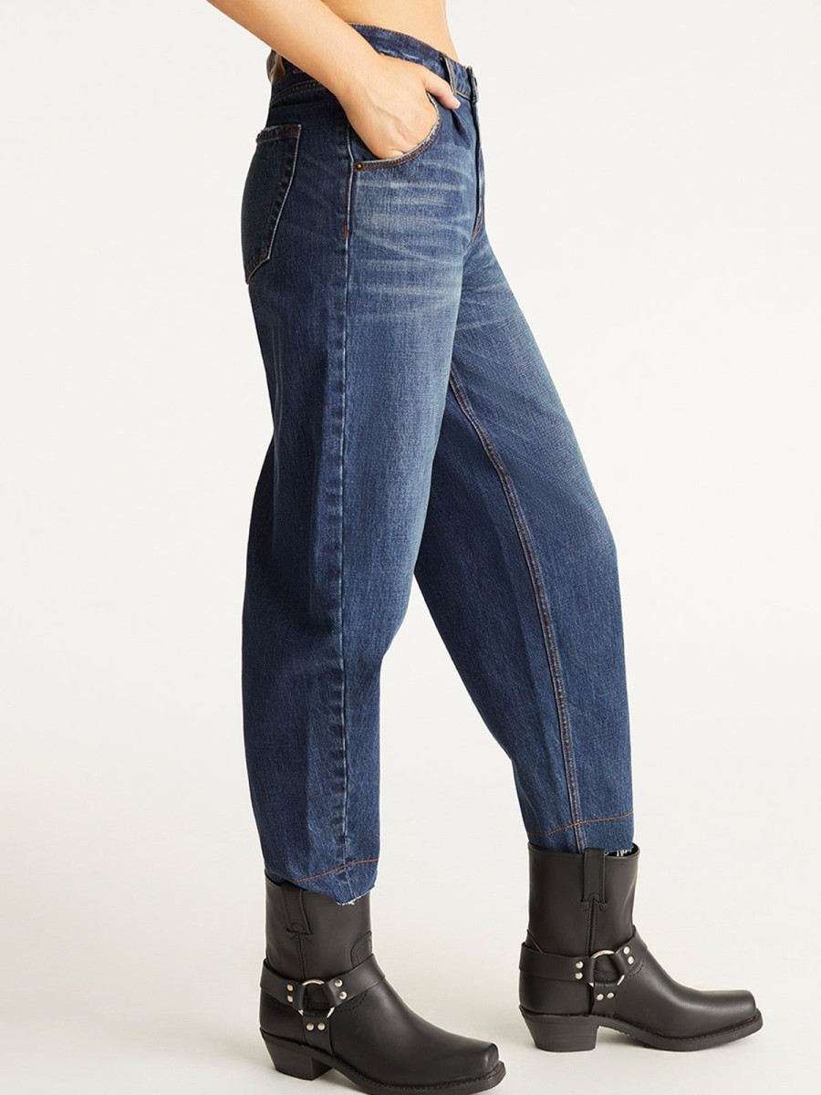 Women 525 America | Studded-Waist Barrel-Leg Cotton Denim Jeans Kora Wash