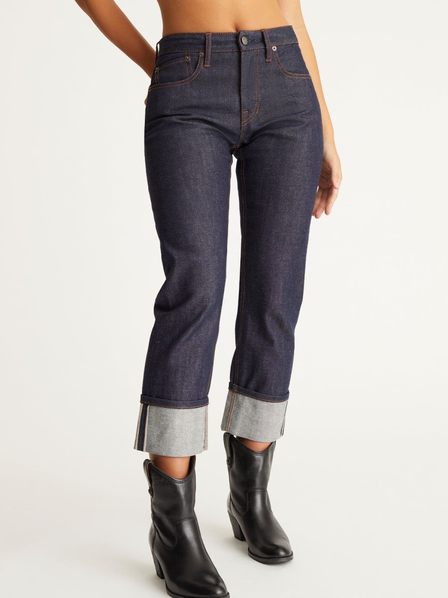 Women 525 America | Raw Selvage Mid Rise Relaxed Straight Jeans Indigo Denim Raw