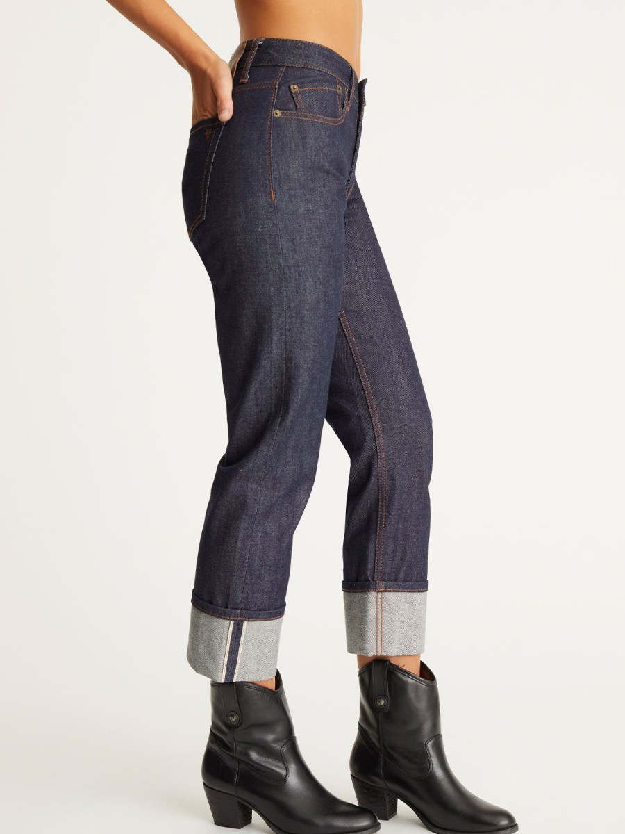 Women 525 America | Raw Selvage Mid Rise Relaxed Straight Jeans Indigo Denim Raw