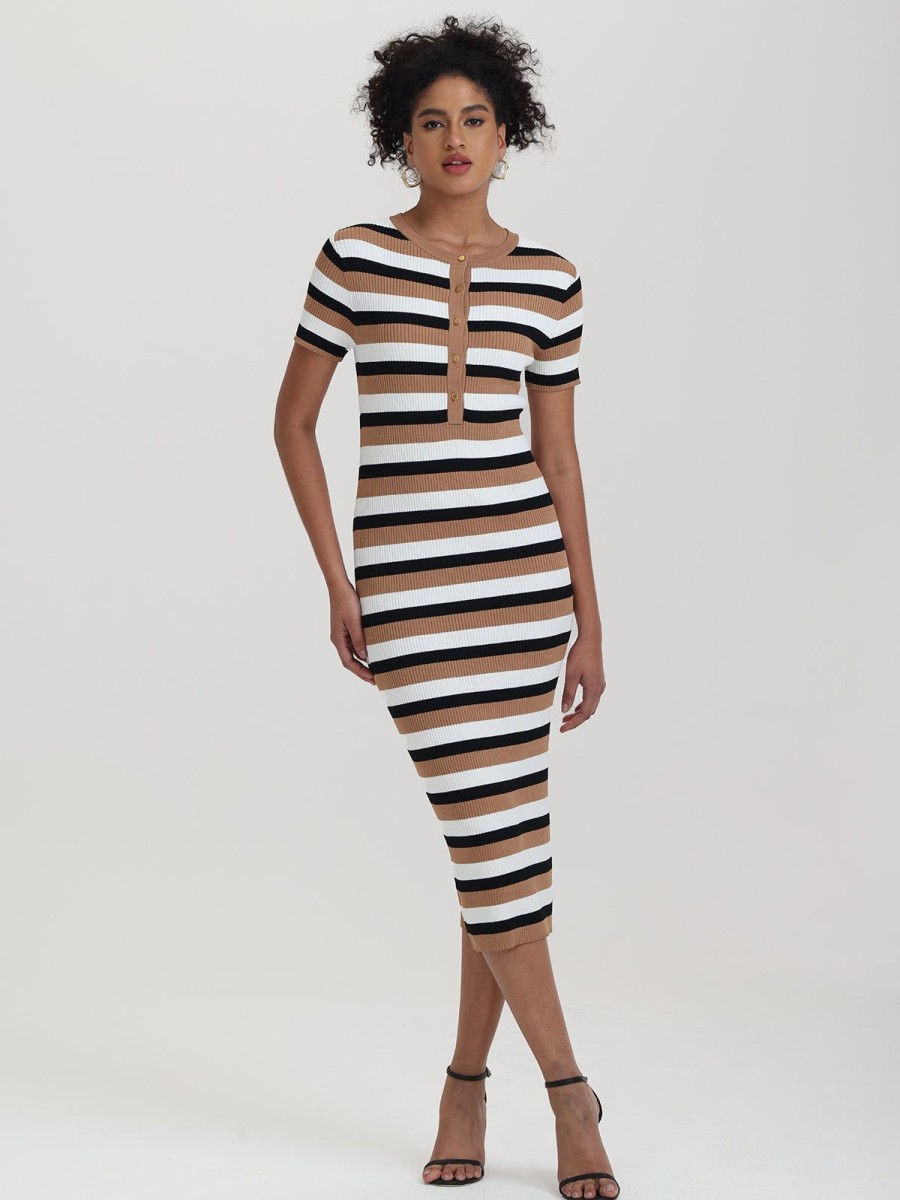 Women 525 America | Nicole: Stripe Midi Dress Cinnamon Swirl Combo