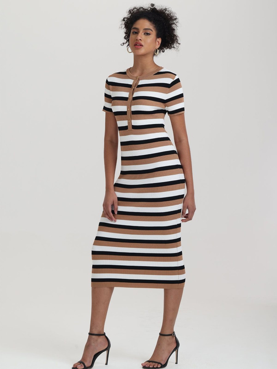 Women 525 America | Nicole: Stripe Midi Dress Cinnamon Swirl Combo