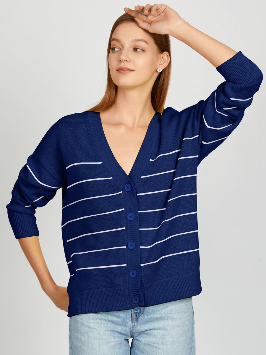 Women 525 America | Sarah: Relaxed Stripe Cardigan Dark Blue Multi