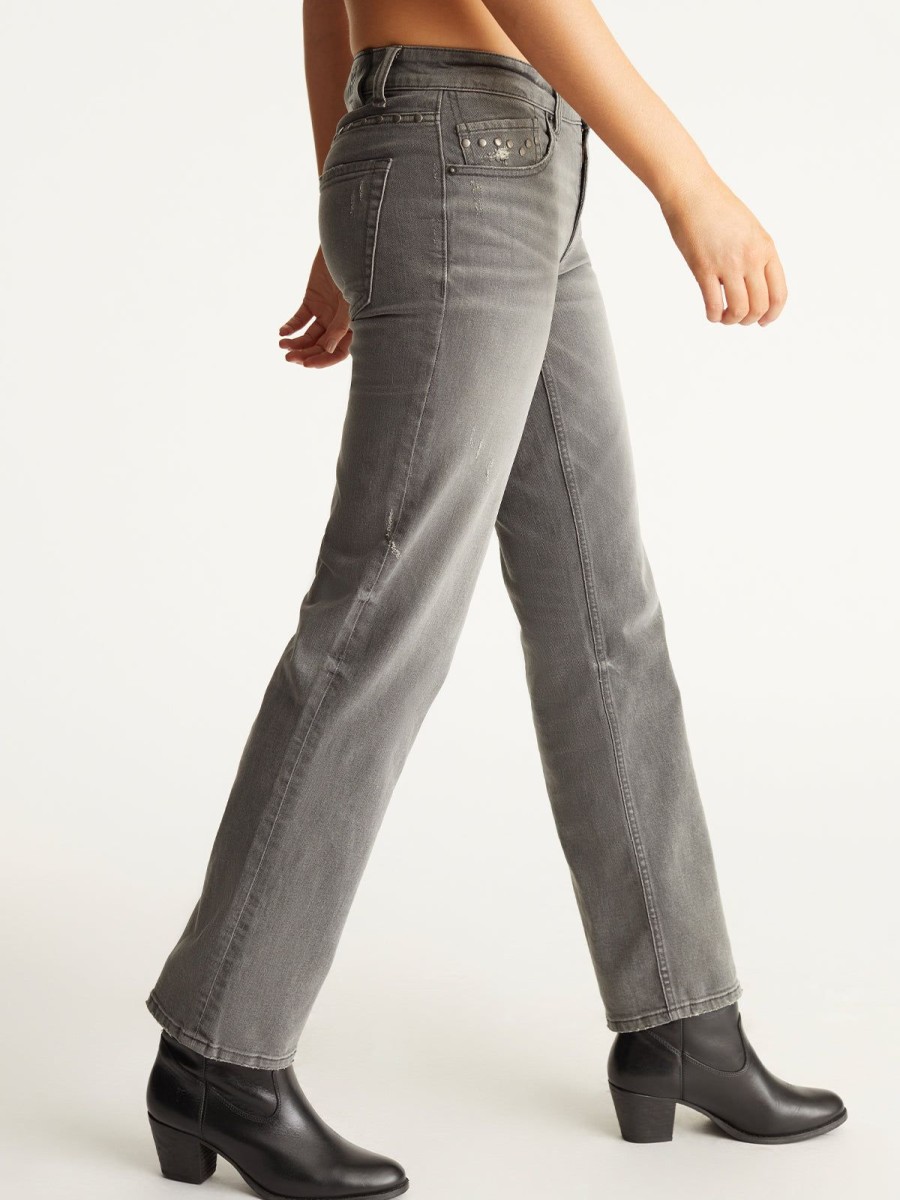 Women 525 America | Studded Distressed Straight-Leg Denim Jeans Rowan Wash