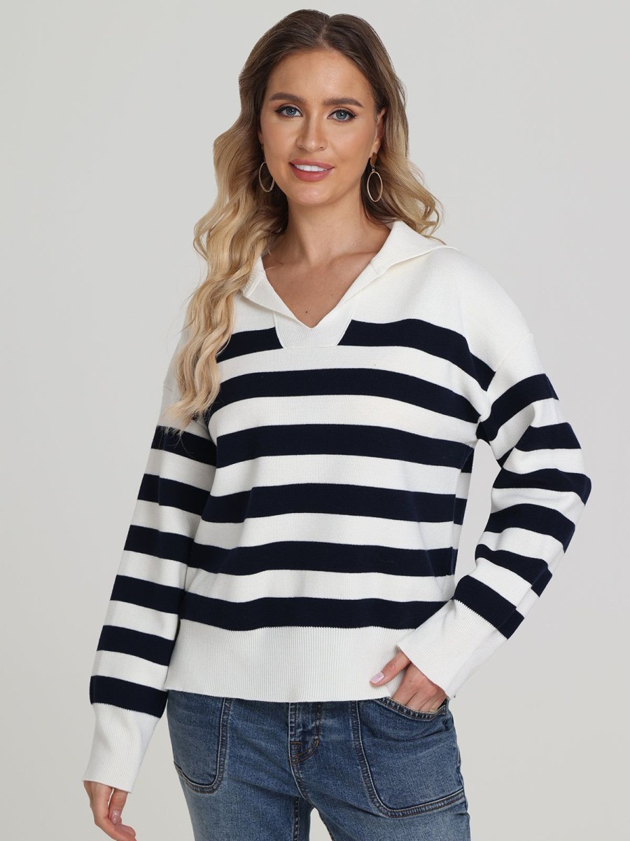 Women 525 America | Peggy: Stripe Open Collar Sweater Cream Multi