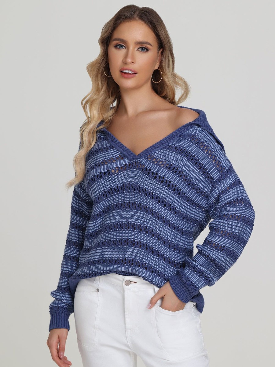 Women 525 America | Rachel: Sailor Open Stitch Pullover Forever Blue Multi