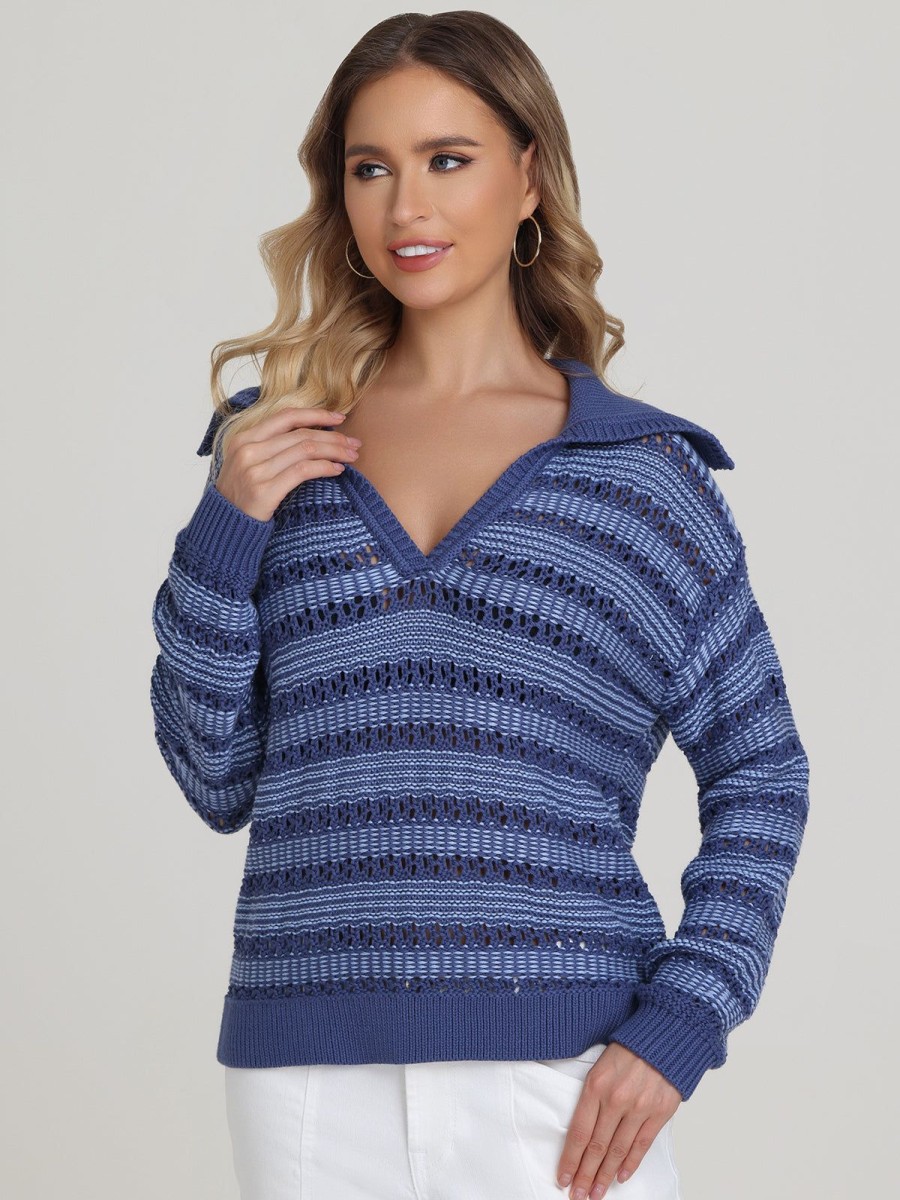 Women 525 America | Rachel: Sailor Open Stitch Pullover Forever Blue Multi