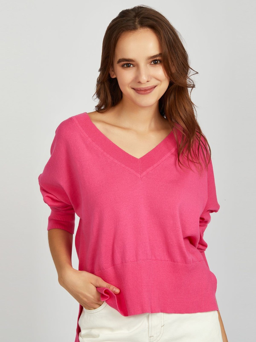 Women 525 America | Noor: Oversized V-Neck Pullover Shocking Pink